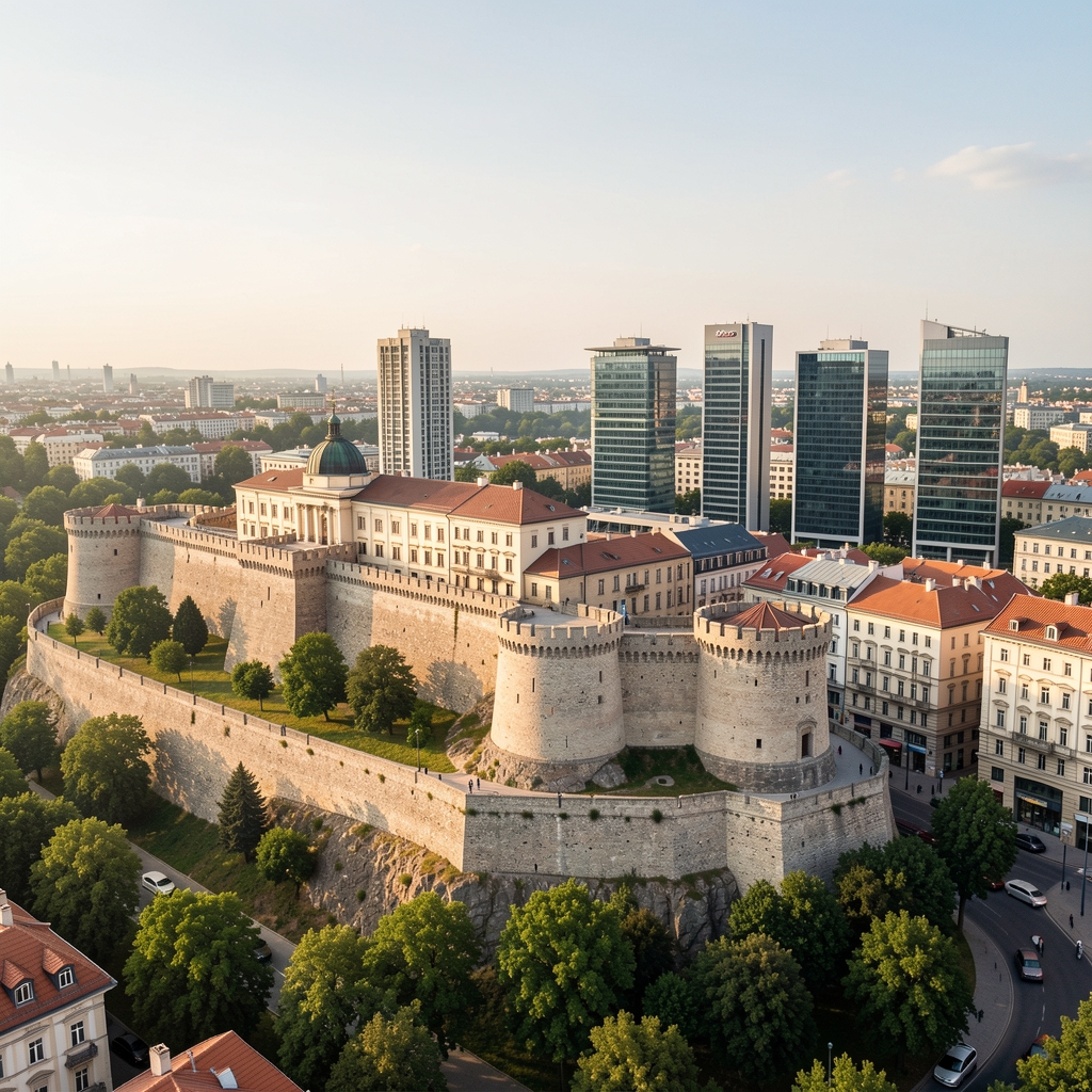 Beograd u panoramskom pogledu sa Beogradskom tvrđavom i savremenim poslovnim zgradama u pozadini, simbolizujući razvoj medijskog sektora u srpskoj prestonici