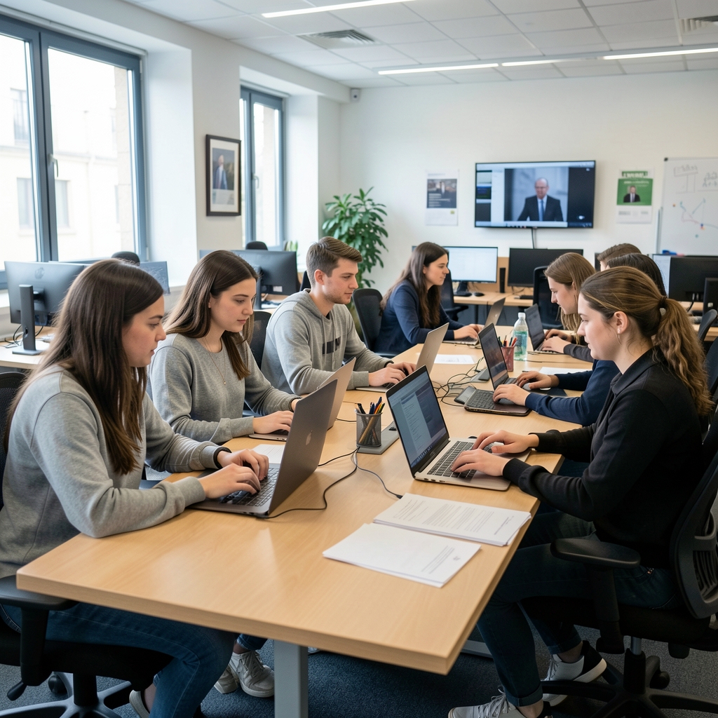 Mladi novinari na radionici o verifikaciji informacija i proveri činjenica, rade grupno na laptopovima u edukativnom okruženju