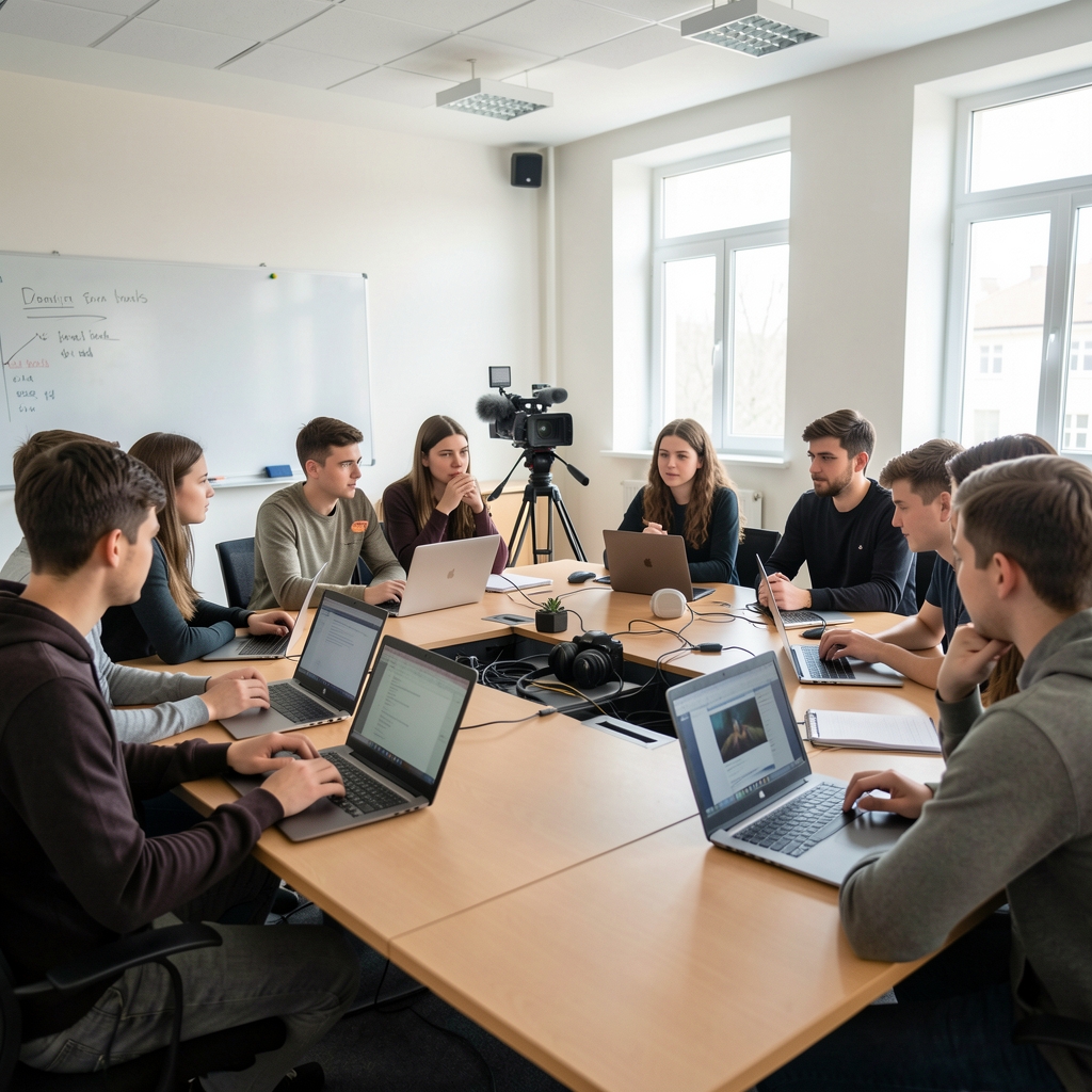 Studenti novinarstva na predavanju u modernoj učionici sa laptopovima i video opremom, aktivna diskusija o medijskim temama