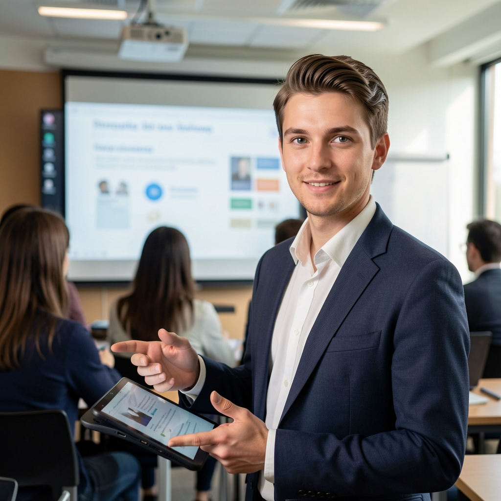 Studenti na predavanju iz medijskih komunikacija u modernoj učionici sa projektorom i interaktivnim tablama, professor drži prezentaciju o strategijama digitalnog komuniciranja