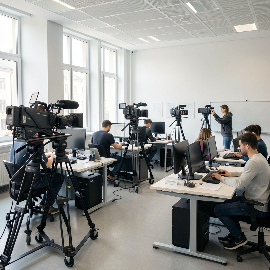 Moderni medijski laboratorij na Fakultetu za medije i komunikacije u Beogradu sa profesionalnom TV opremom, montažnim stolovima i studentima koji rade na projektima