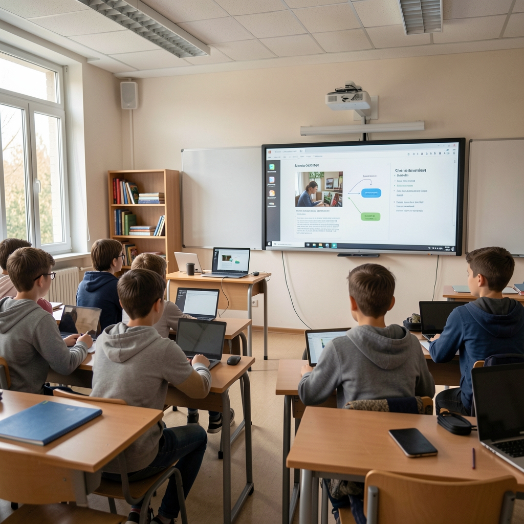 Mladi učenici prate predavanje o medijskoj pismenosti u modernoj školskoj učionici sa interaktivnom tablom i digitalnim uređajima