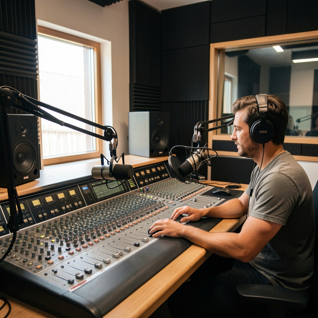 Studentska radio emisija uživo u modernom radio studiju sa profesionalnim mikrofonima, mikserom i soundproof zidovima, voditelj u sesiji