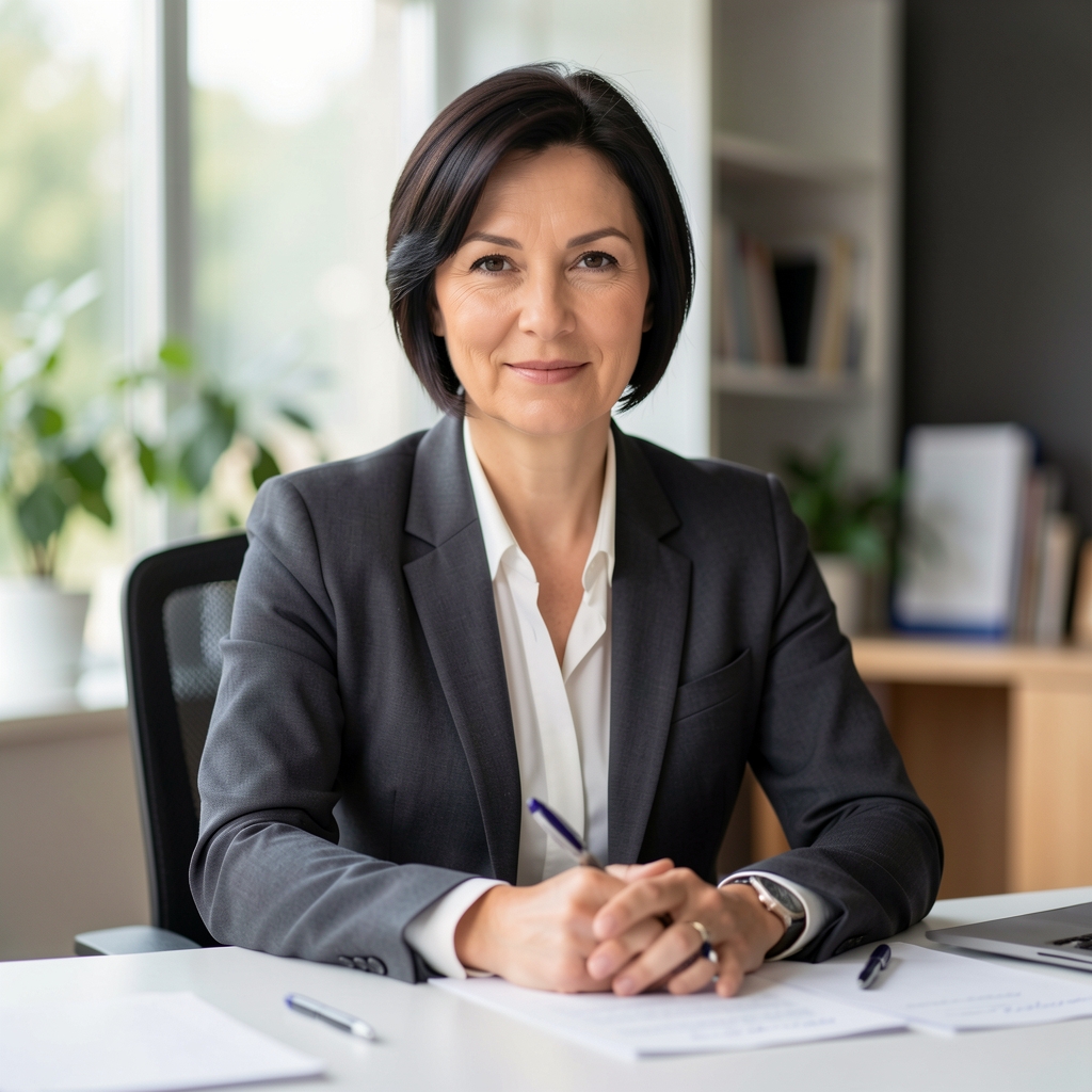 Žena srednih godina u poslovnom odelu, sa kratkom tamnom kosom, sedi za redakcionim stolom ispred bele table sa beleškama u redakcijskom okruženju