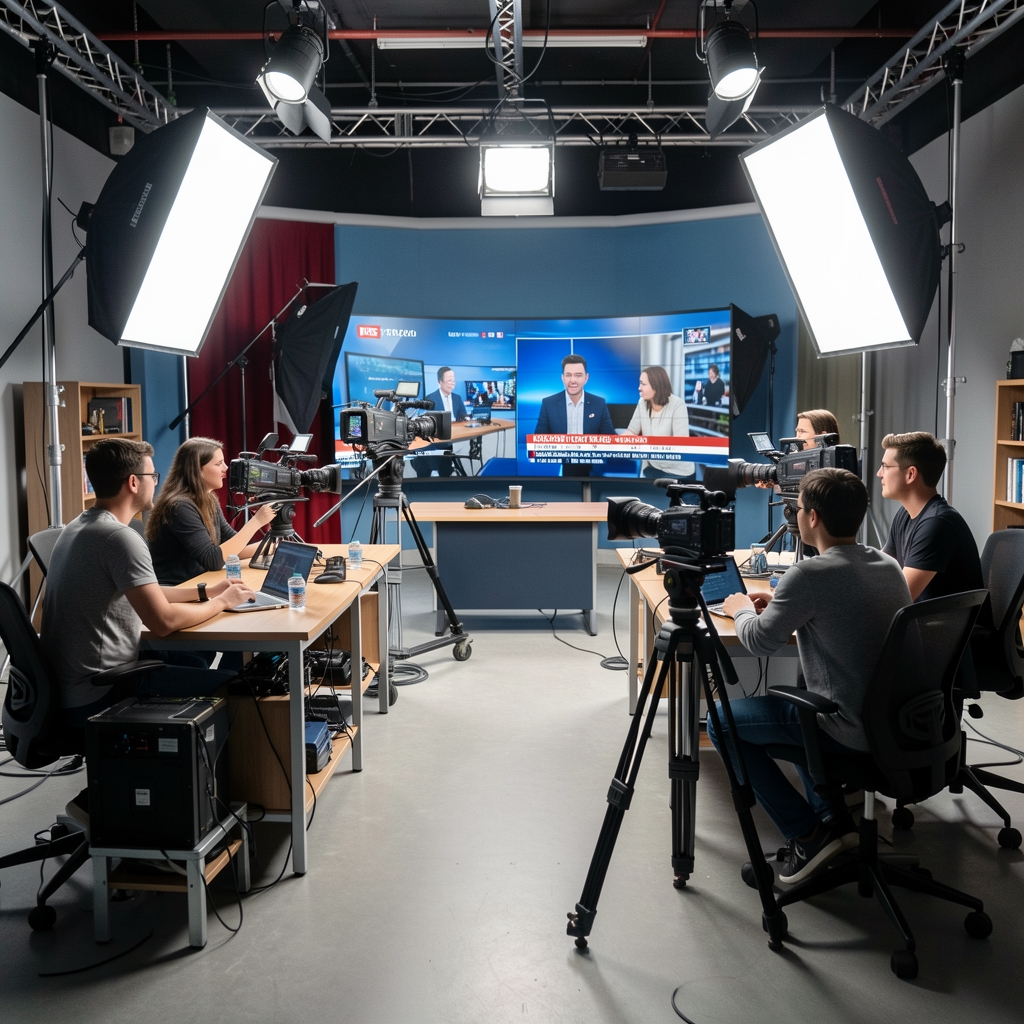 Studenti broadcast programa rade u profesionalnom TV studiju sa kamerama, rasvetnm rampama i montažerskim stolovima, simuliraju produkciju vesti